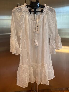 White Midi Peasant Dress with Tassel Tie